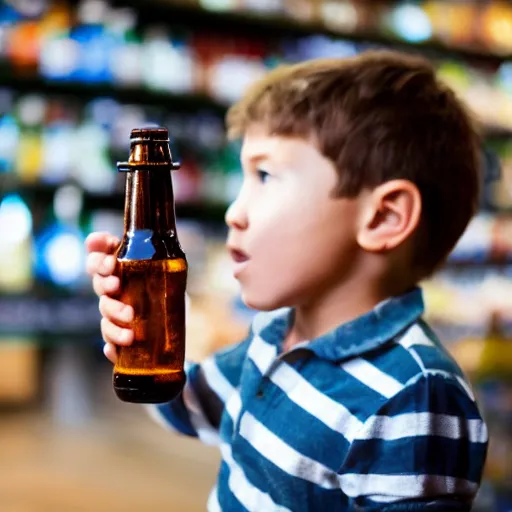 Image similar to boy hold beer bottle in the shop and the casier don't want to sell it to the kid.