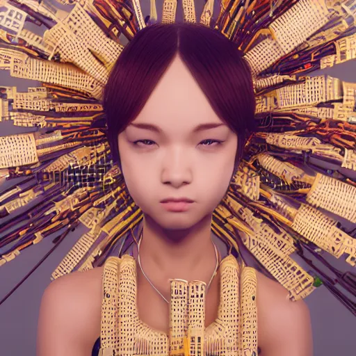 Image similar to piles of modular synth cables mixed with mangrove roots, kawaii puerto rican goddess staring through your soul wearing a headpiece made of circuit boards, by makoto shinkai, masamune, and stanley kubrick, unique perspective, eastman color, trending on artstation, cinematic, 3 d render, photorealistic