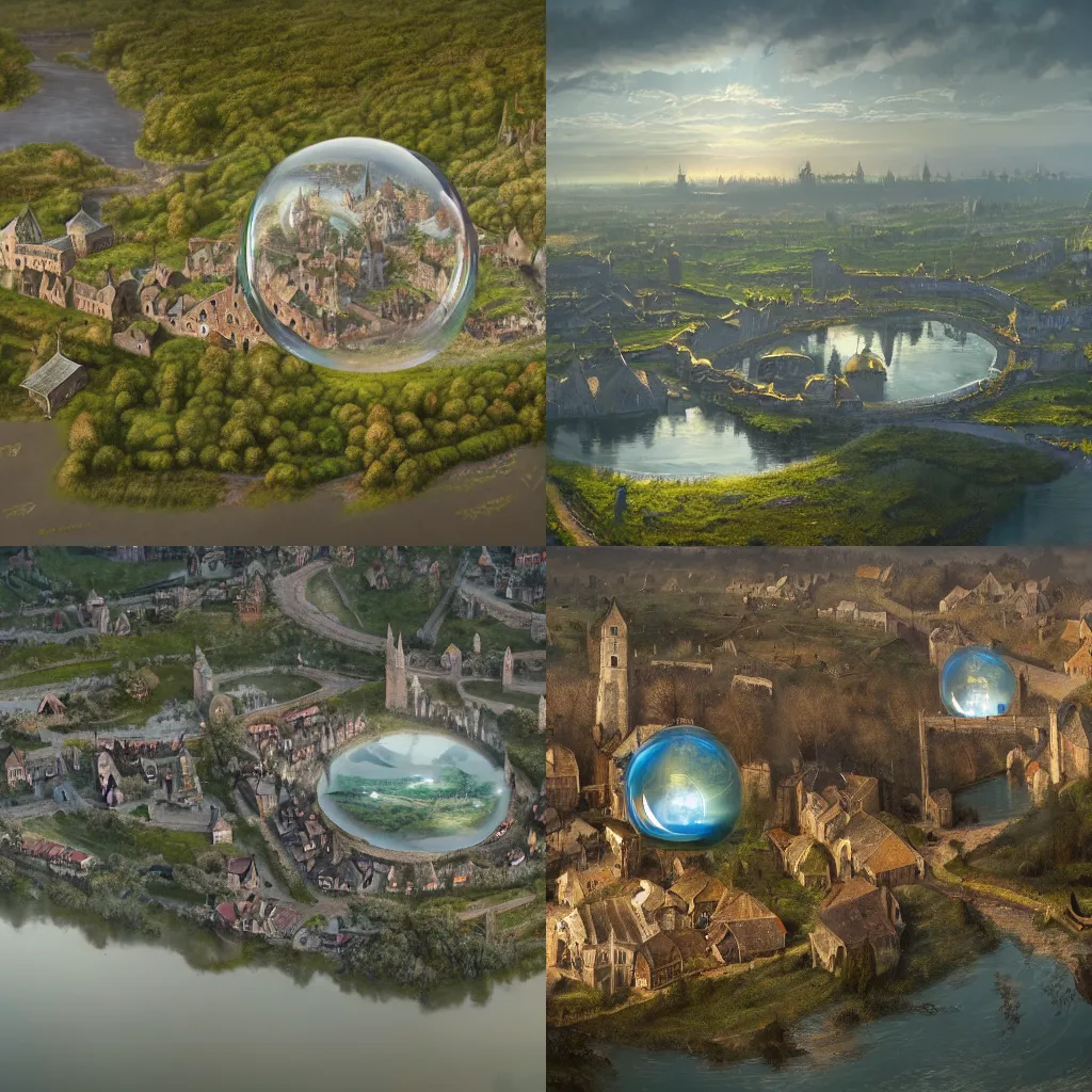 Prompt: high airborne view of a downtrodden medieval town by a river in a swamp surrounded by a visible magic translucent bubble shield bubble shield bubble shield, 4k, by Greg Rutkowski, fantasy, mix of celtic and Rus architecture, visible bubble shield, cinematic