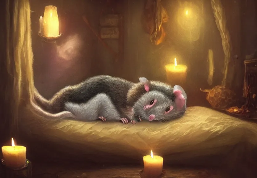 Prompt: cute possum sleeping inside a bed in a medieval cluttered cottage at night under the dim light of a candle, dark fantasy, dreaming illusion, trending on artstation