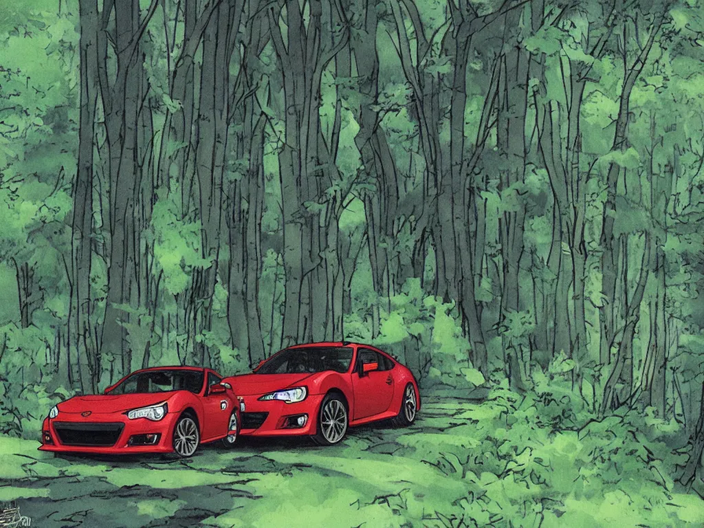 Image similar to subaru brz in a forest by studio ghibli