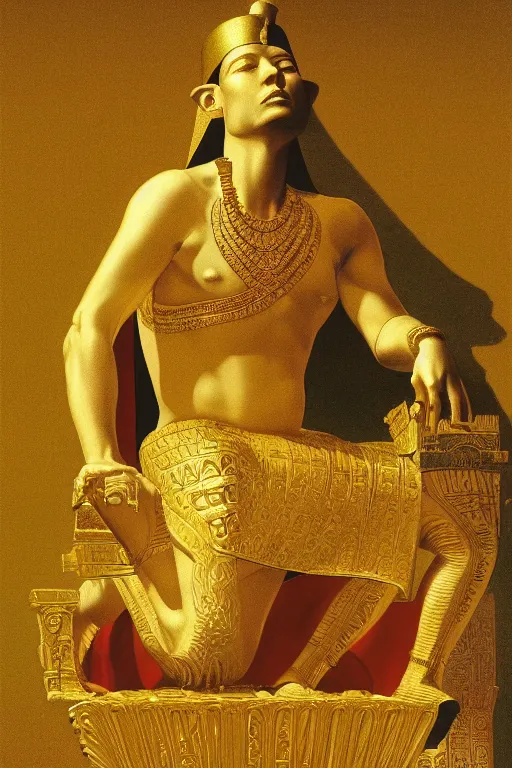 Prompt: a haughty pharaoh on a golden throne, digital painting by maxfield parrish and caravaggio, photorealistic