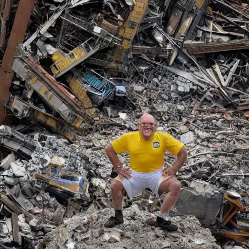 Image similar to a wide shot of a very drunk evil Rudy Giuliani squatting smiling wearing a yellow speedo on top of the world trade center rubble pile in new york