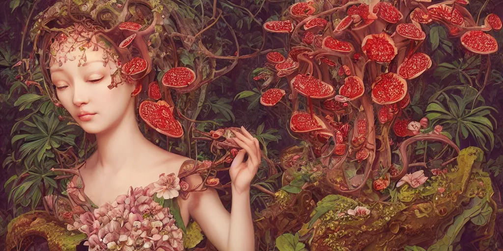 Image similar to breathtaking detailed concept art painting of the goddess of rafflesia arnoldii flowers, orthodox saint, with anxious, piercing eyes, ornate background, amalgamation of leaves and flowers, by Hsiao-Ron Cheng, James jean, Miho Hirano, Hayao Miyazaki, extremely moody lighting, 8K