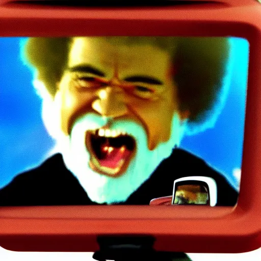 Image similar to a screaming angry bob ross in rear view mirror