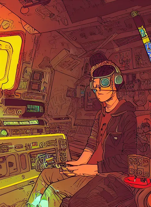 Image similar to in the style of max prentis and deathburger and laurie greasley a beautiful close up of a young explorer wearing a cyberpunk headpiece playing video games in his treehouse, colourful flat surreal design, highly detailed, 8 k wallpaper