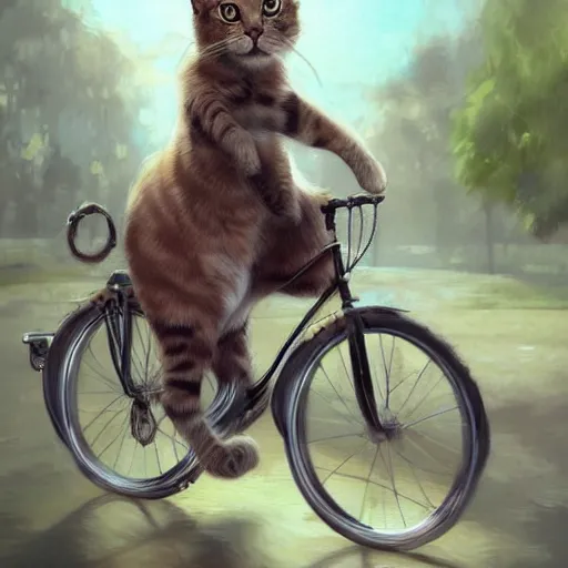 Prompt: head and shoulders masterpiece portrait of cute cat riding a bicycle, surreal background, digital art by Krenz Cushart, trending on artstation, cgsociety,