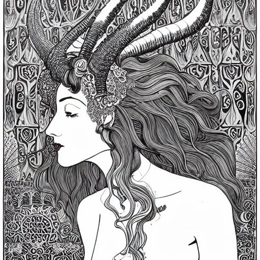 Image similar to filigree detailed illustration portrait of a profile of gypsy half - girl half - goat with long curly hair and big goat horns on her head, aubrey beardsley, tomer hanuka, makoto shinkai