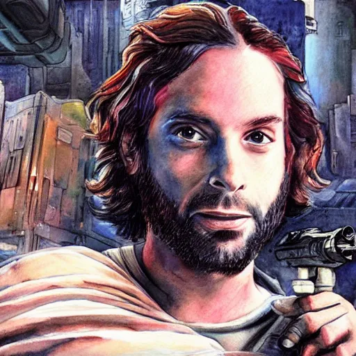 Image similar to a realistic star wars watercolor fantasy concept cart of chris d'elia as a drug dealer in a sleazy futuristic city of coruscant, hq, 4 k