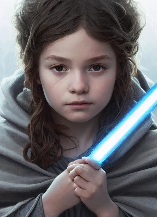 Image similar to perfectly - centered - portrait of a kid wearing grey cloak holding light saber, intricate, highly detailed, digital painting, artstation, concept art, smooth, sharp focus, illustration, unreal engine 5, 8 k, art by artgerm and greg rutkowski and alphonse mucha