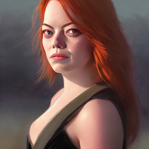 Image similar to a closeup portrait of a emma stone, dramatic light, lake background, sunset, dark, painted by stanley lau, painted by greg rutkowski, painted by stanley artgerm, digital art, trending on artstation