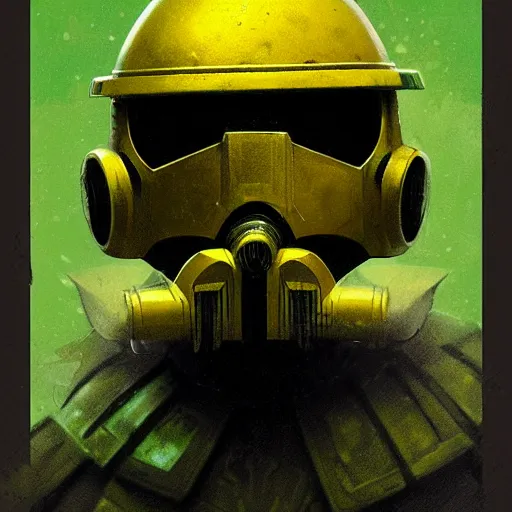 Prompt: portrait of a mutant chronicles bauhaus doomtrooper, wearing green battle armor, a yellow smiley sticker centered on helmet, by greg rutkowski