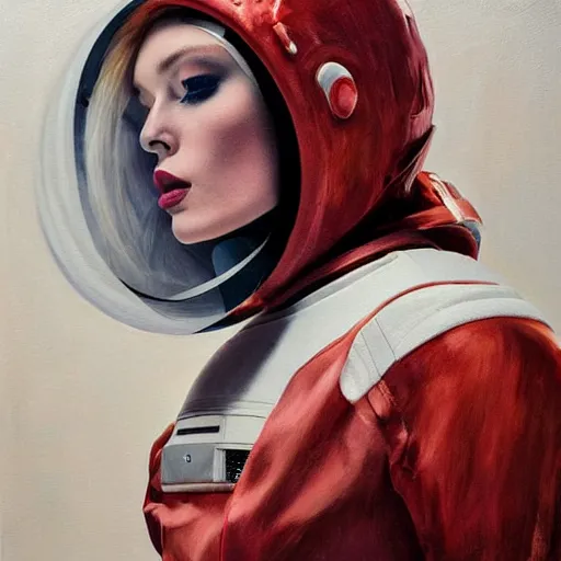 Prompt: redhead fashion model in futuristic astronaut suit, portrait, hyperrealism oil painting