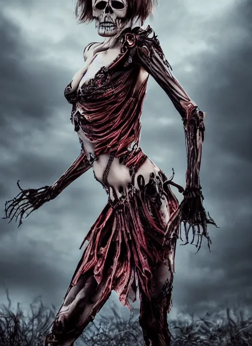 Prompt: beautiful blonde female necromancer who looks like mila jovovich wearing skeleton bodypaint, skull facepaint, and a crimson skirt, hyper realistic digital illustration, hd, intricate, depth of field, soft lighting, elegant, character design