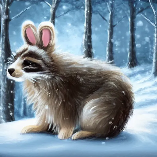 Image similar to cute fluffy hybrid animal cross between raccoon and lop eared bunny rabbit sitting in snowy winter landscape detailed painting 4 k