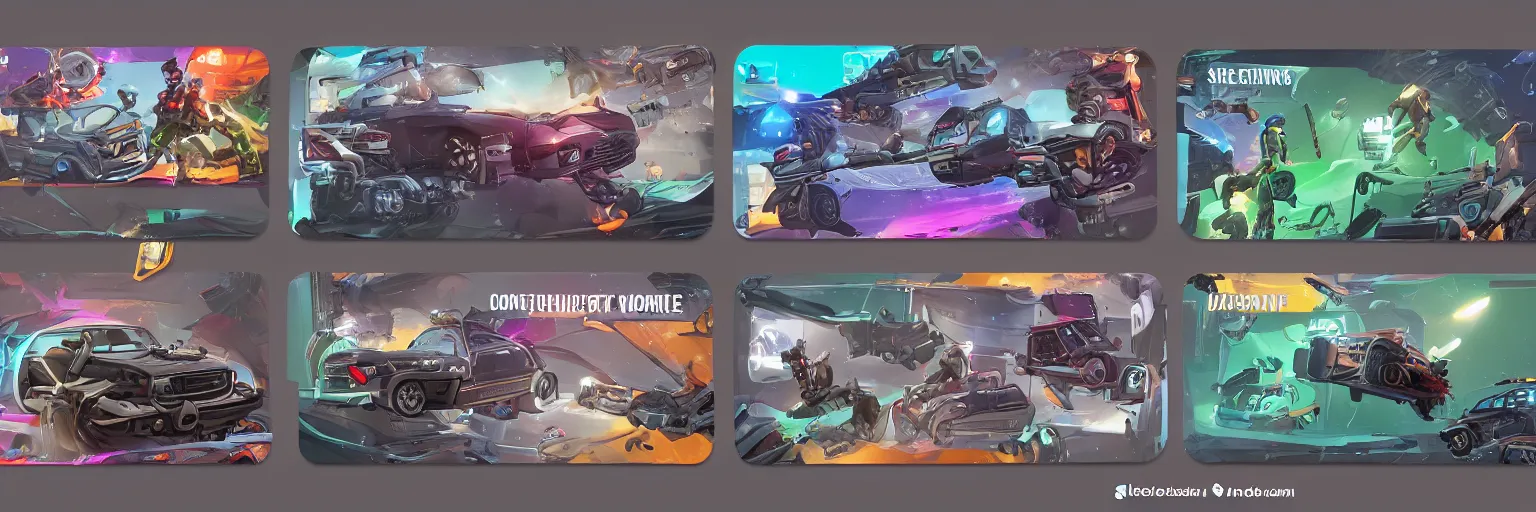 Prompt: car engine car parts concept art card, comic page, realistic fortnite, ui card