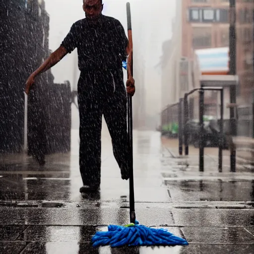 Image similar to closeup portrait of a cleaner with a mop fighting puddles in rainy new york street, by Steve McCurry and David Lazar, natural light, detailed face, CANON Eos C300, ƒ1.8, 35mm, 8K, medium-format print