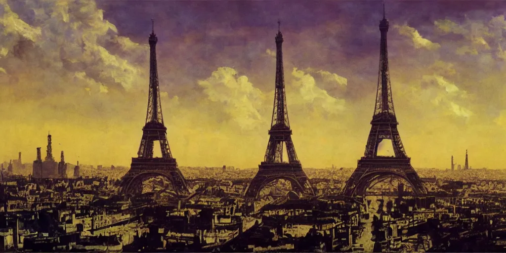 Prompt: eiffel tower in post apocalyptic paris , painting by frazetta, low angle,wide angle, cinemascope panorama