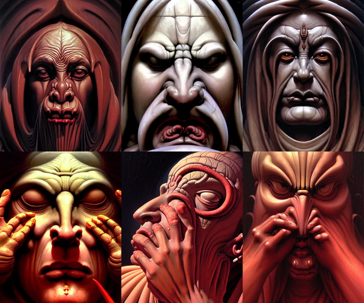 Prompt: a cinematic crying masterpiece closeup portrait of a colossal gothic Hindu demon god of grief, sorrow and despair, crying, by Wayne Barlowe, by Tim Hildebrandt, by Bruce Pennington, by Antonio Canova, by Caravaggio, by by Jacques-Louis David, oil on canvas, masterpiece, trending on artstation, featured on pixiv, cinematic composition, astrophotography, dramatic pose, beautiful lighting, sharp, details, details, details, hyper-detailed, no frames, HD, HDR, 4K, 8K