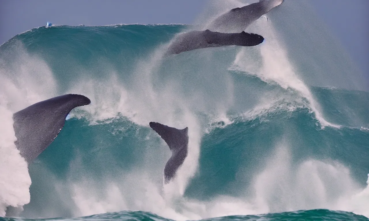 Prompt: dozens of gigantic whales surfing a big wave, photography by Hayden Richards, award winner, slow motion, refractions, summer, colored, nazare (portugal), 180mm, cinematic,