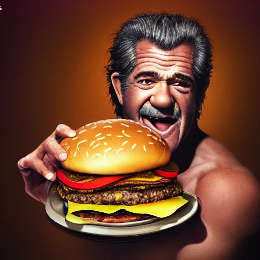 Prompt: portrait photography of Mel Gibson in clown makeup eating a giant hamburger, extra ketchup and mustard with overflowing bacon lettuce and tomato, cinematic lighting, highly detailed, feminine ethereal, D&D, hearthstone, digital painting, artstation, concept art, smooth, sharp focus, illustration, art by Terry Moore and Greg Rutkowski and Alphonse Mucha