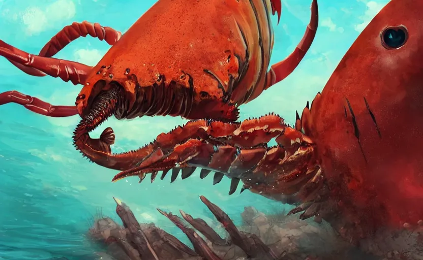 Prompt: giant lobster sea monster with dangerous pincers, long tail, shark face, artstation