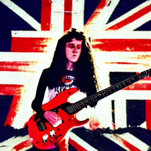 Prompt: 1 9 - year - old girl in a traditional doom metal band, new wave of british heavy metal, live in concert, live 1 9 8 6, united kingdom flags, union jack, playing electric guitar, headbanging crowd of longhairs, audience of longhairs, super 8 mm, grainy photo, colorized