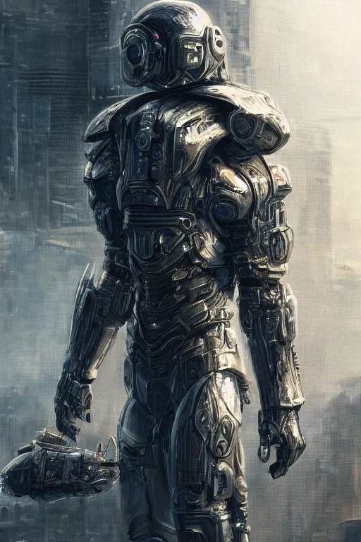 Prompt: ultra realist and ultra intricate detailed soft painting of a beautiful sci-fi armored male, from the waist up, sci-fi helmet, symmetry features, sensual gloomy style, volumetric clouds, cyberpunk burning building background, artstation, unreal render, depth of field