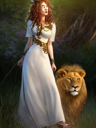 Prompt: a woman and a lion, wearing a cute white dress adorned with flowers, hugging a ferocious lion. intricate, elegant, highly detailed, digital painting, artstation, concept art, sharp focus, illustration, by justin gerard and artgerm, 8 k