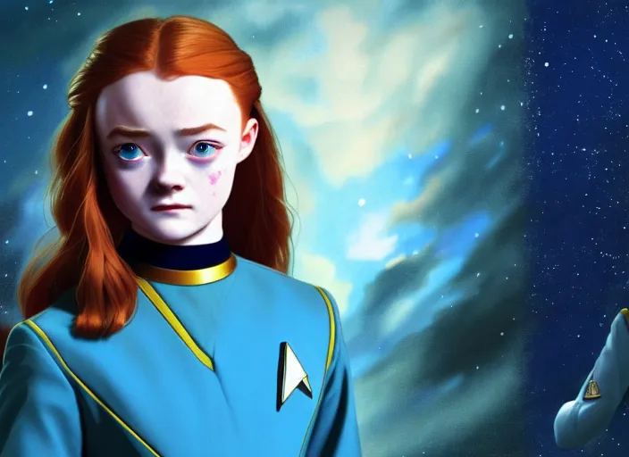 Image similar to a disney film still of sadie sink as a star trek officer, finely detailed features, closeup of the face, perfect art, dusk, blue hour, gapmoe yandere grimdark, trending on pixiv fanbox, painted by greg rutkowski, makoto shinkai, takashi takeuchi, alphonse mucha, akihiko yoshida