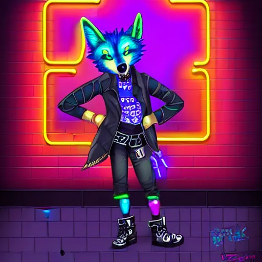 Image similar to beautiful commission digital art portrait commission of an androgynous furry anthro wolf wearing punk clothes in the streets of a cyberpunk city. neon signs, adverts, holographics. character design by zaush, rick griffin, tessgarman, angiewolf, rube, miles df, smileeeeeee, furlana, fa, furraffinity