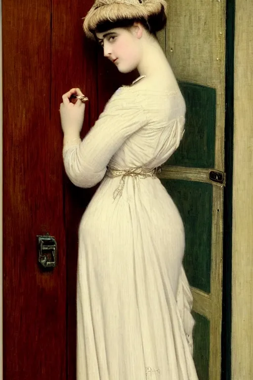 Prompt: lady in waiting by auguste toulmouche perfect detailed eyes, beautiful hands, pale skin, blonde hair, leaning on door, shift dress