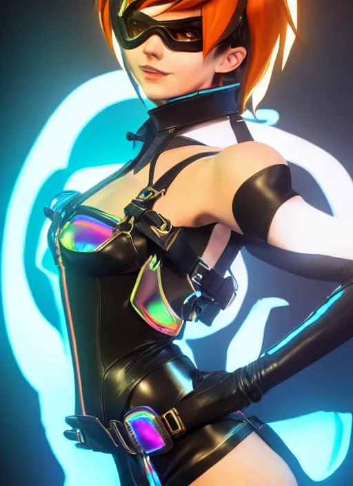 Image similar to full body digital artwork of tracer overwatch, wearing black iridescent rainbow latex bikini, 4 k, expressive happy smug expression, makeup, in style of mark arian, wearing detailed black leather collar, wearing chains, black leather harness, leather cuffs around wrists, detailed face and eyes,