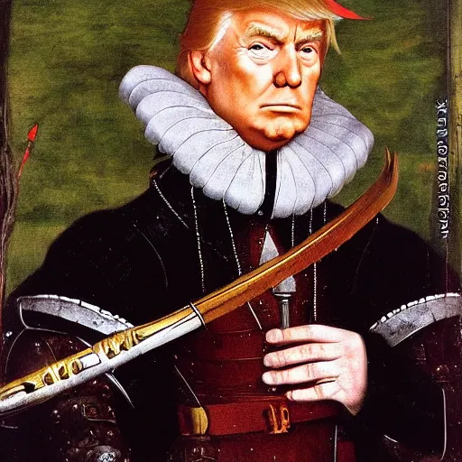 Image similar to donald trump wearing knights armor, donald trump holding a crazy broadsword, donald trump ’ s highly detailed face, donald trump ’ s handsome face, by hans holbein