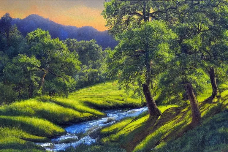 Prompt: masterpiece painting of oak trees on a hillside overlooking a creek, dramatic lighting, by gunnar widforss