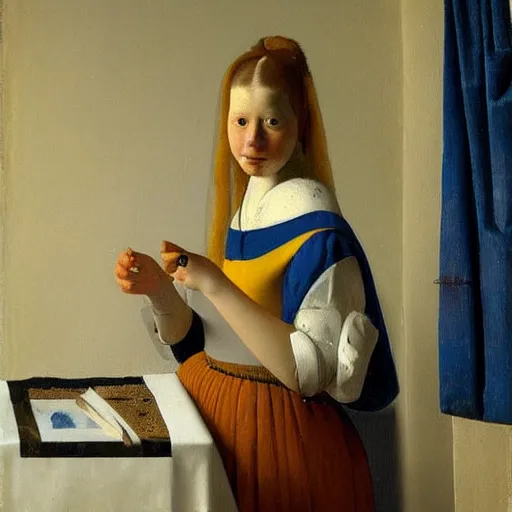 Prompt: portrait of anna maja henriksson by vermeer