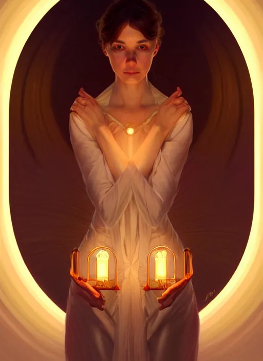 Image similar to symmetry!! portrait of a woman, cottagecore!!, glowing lights!! intricate, elegant, highly detailed, digital painting, artstation, concept art, smooth, sharp focus, illustration, art by artgerm and greg rutkowski and alphonse mucha