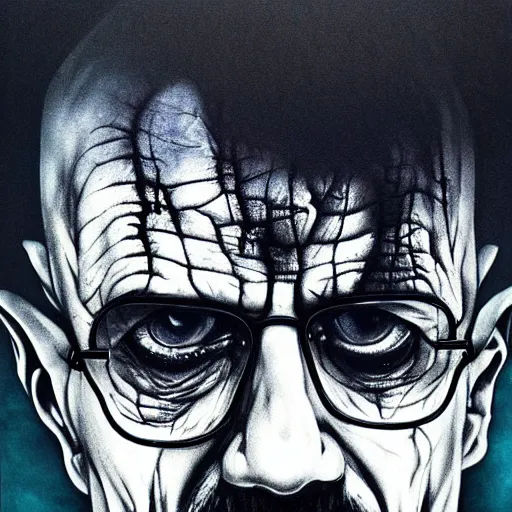 Prompt: zombie walter white, in the style of beksinski, blue, black, vibrant, chiaroscuro, high detail, perfect artwork, clean lines