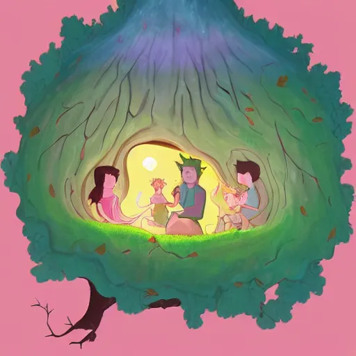 Prompt: a family of faeries living inside a hollow in a tree, masterpiece soft focus painting by kerascoet by marie pommepuy and sebastien cosset, dynamic lighting