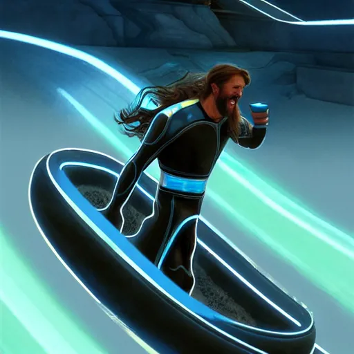 Image similar to tron legacy jesus riding waterslide, face closeup, laughing, diffuse lighting, hyper realistic, concept art, intricate, hyper detailed, smooth, sharp focus, illustration, trending on artstation, art by greg rutkowski and james gurney and alphonse mucha