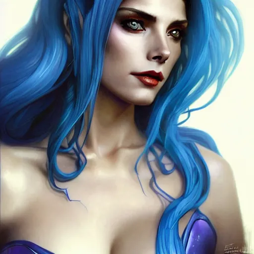 Image similar to Ashley Greene with blue hair as Jinx from League of Legends, western, D&D, fantasy, intricate, elegant, highly detailed, digital painting, artstation, concept art, matte, sharp focus, illustration, art by Artgerm and Greg Rutkowski and Alphonse Mucha