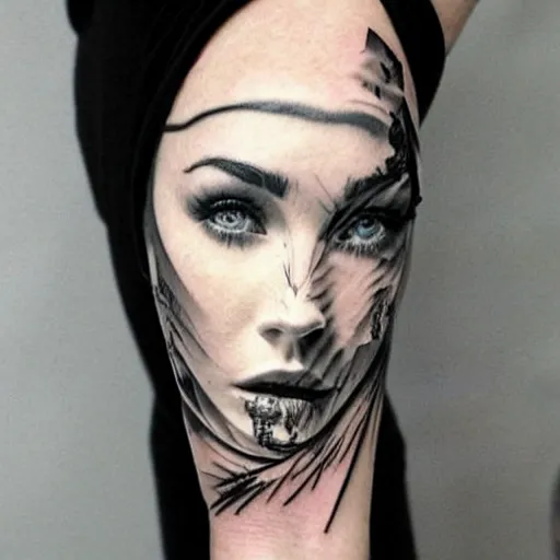 Image similar to tattoo design sketch with double exposure effect, megan fox face blended with beautiful mountain scenery, in the style of matteo pasqualin, amazing detail, mash up