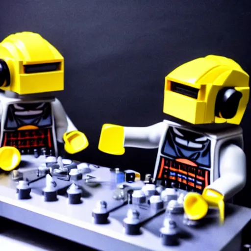 Image similar to Lego Daft Punk DJing with realistic DJ turntables