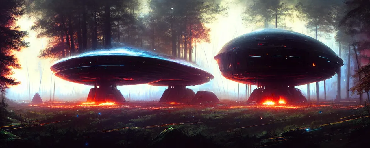 Image similar to a giant megastructure spaceship wrecked and lost in the forest, a small fire in the distance, powerful laser light and large sound system on the left, detailed digital art by greg rutkowski.