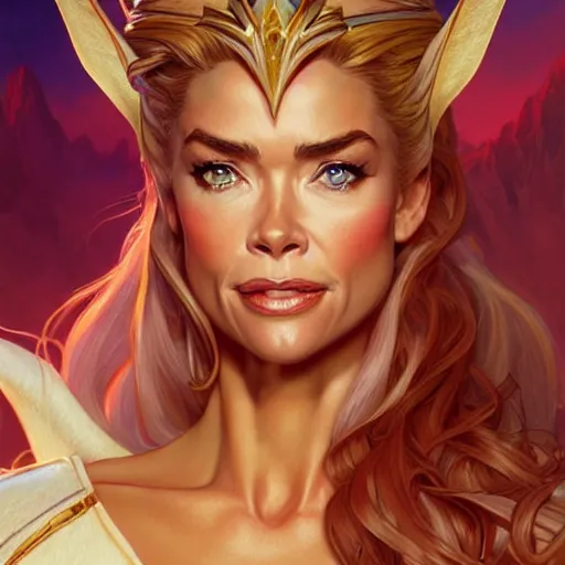 Prompt: Denise Richards as She-Ra, western, D&D, fantasy, intricate, elegant, highly detailed, digital painting, artstation, concept art, matte, sharp focus, illustration, art by Artgerm and Greg Rutkowski and Alphonse Mucha