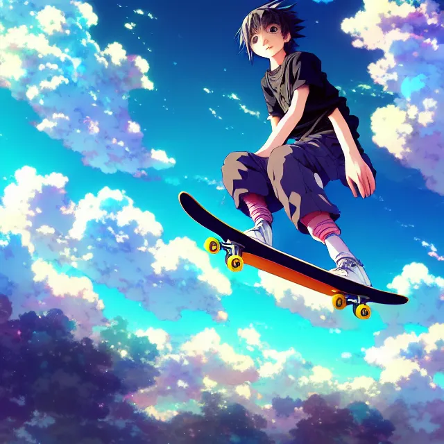 a young anime boy riding a skateboard in the sky, | Stable Diffusion