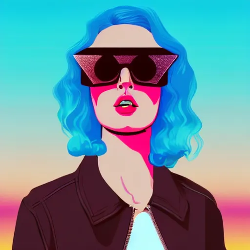 Image similar to a woman with light blue shutter shades in front of a sunset, a dark brown leather jacket, one side brown haircut with blue ends, vector art by jan tengnagel, pixabay contest winner, retrofuturism, retrowave, synthwave, outrun, portrait, synthwave