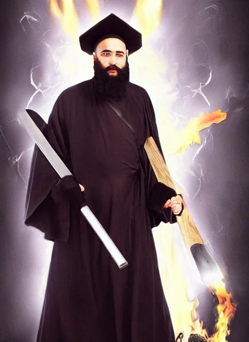 Prompt: action movie poster of an ultra orthodox bearded Christian priest wearing a deep purple robe with cloak, holding a machete. with an explosion behind him.