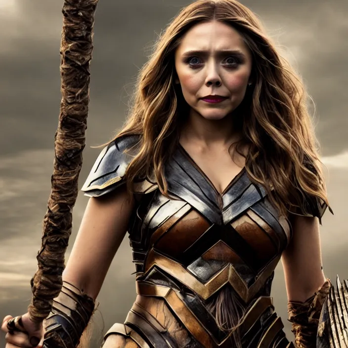 Prompt: professional full length photograph of elizabeth olsen as an amazon warrior. Extremely detailed. 8k