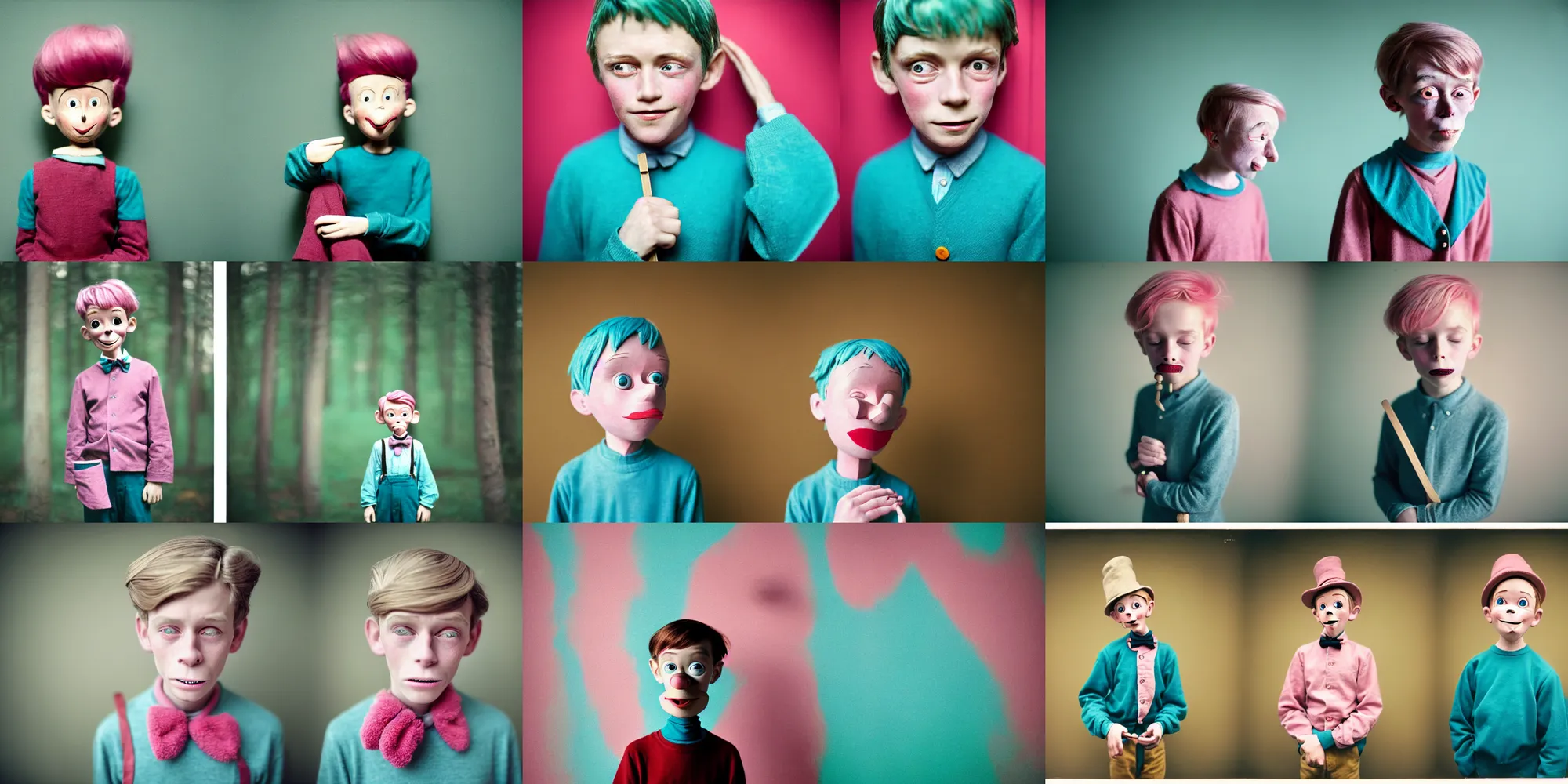Prompt: kodak portra 4 0 0, 8 k, highly detailed, britt marling style, award winning muted colour portrait of a half 8 year old boy, half wooden pinocchio, is totally sad and cries, pink. turquoise, motion blur, 1 9 2 0 s hair, 1 9 2 0 cloth style